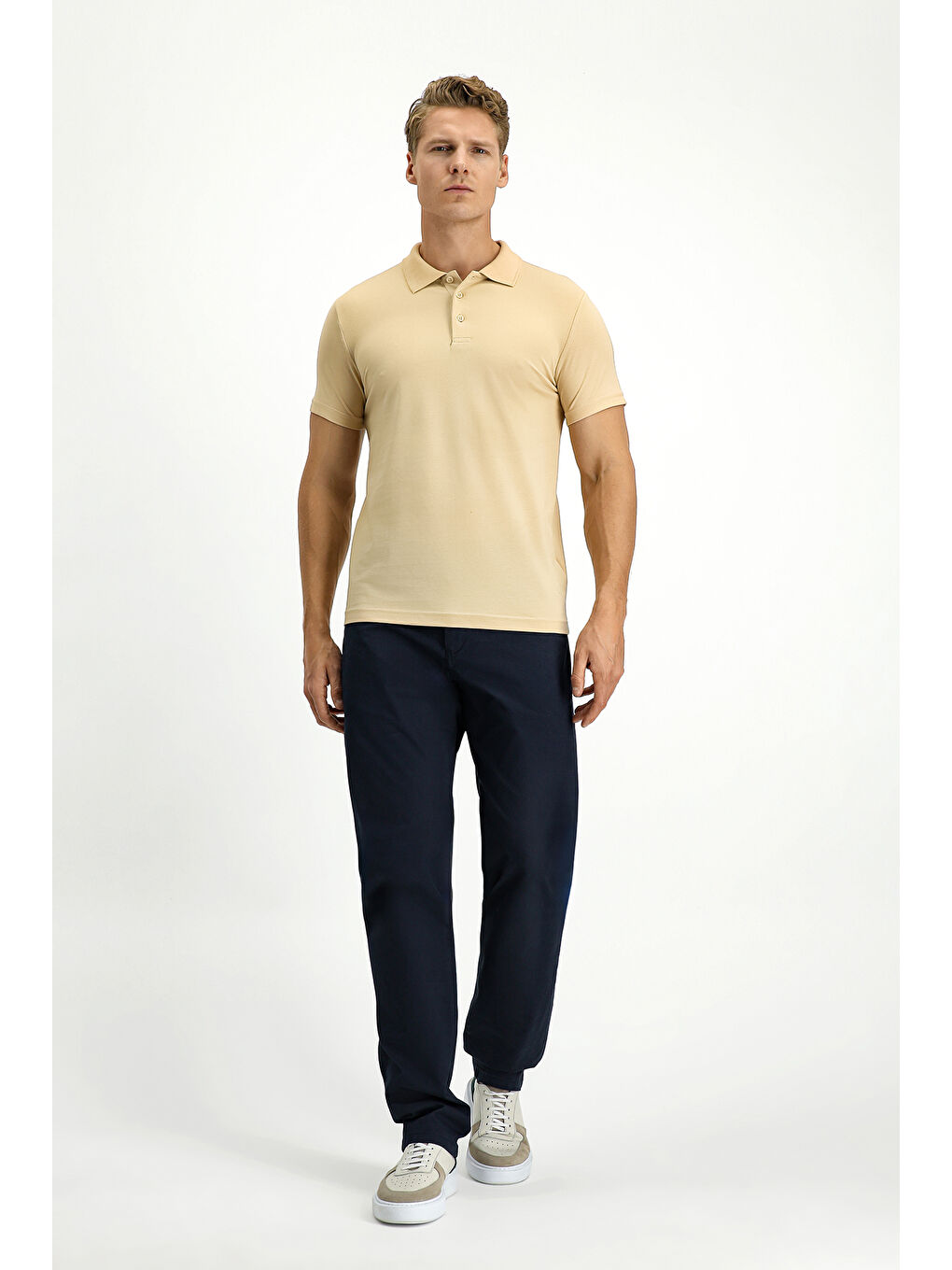 Bej Slim Fit Dar Kesim Pamuklu Polo Yaka Tişört-1