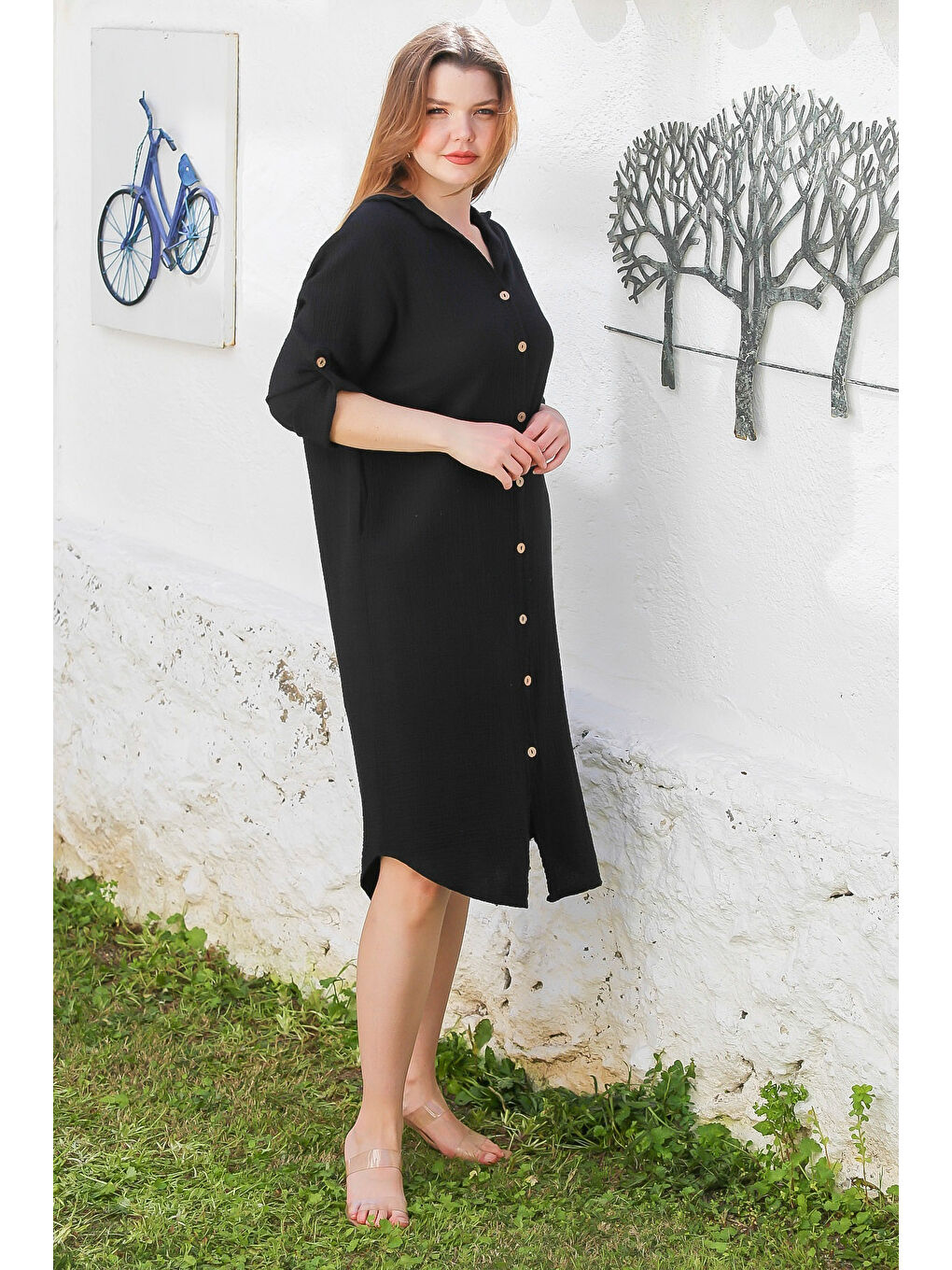 Siyah Gömlek Yaka Düğmeli Uzun Kollu Cepli Yıkamalı Casual Müslin Dokuma Elbise 118 62-3