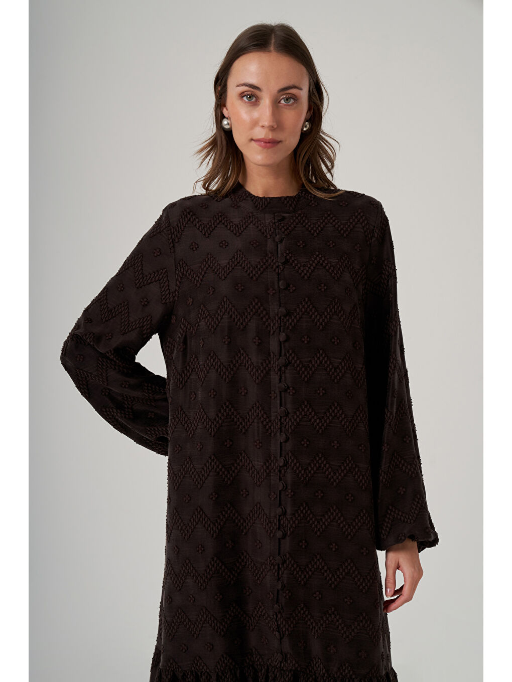 Güpür ve Jean Detay Uzun Elbise 2026 Kahverengi-3