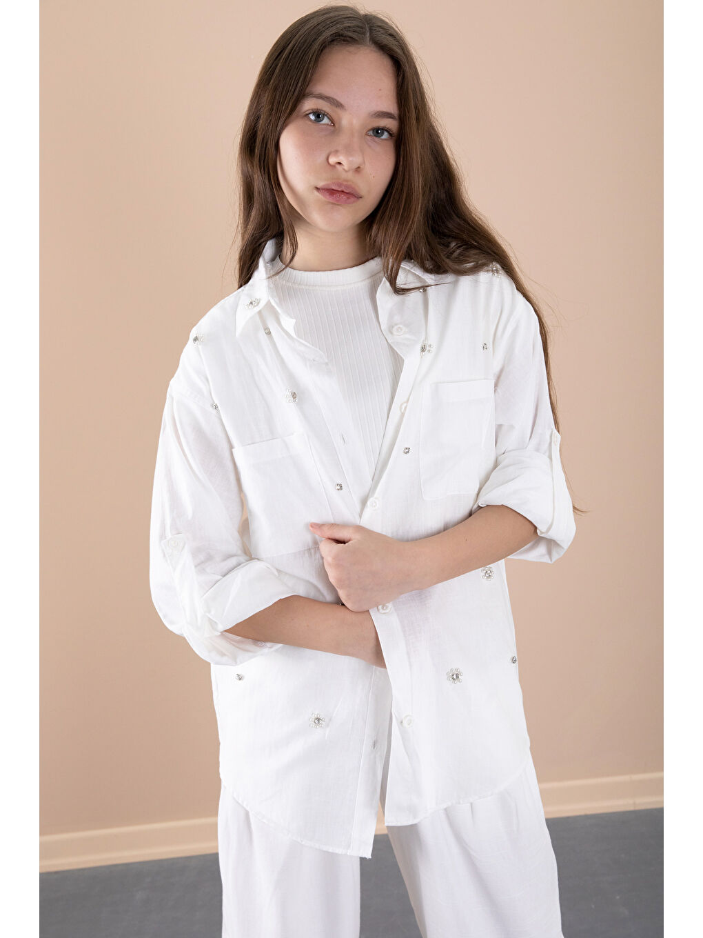 Beyaz Kız Çocuk Croplu Taşlı Gömlek ve Pantolonlu 3'lü Takım 20468-3