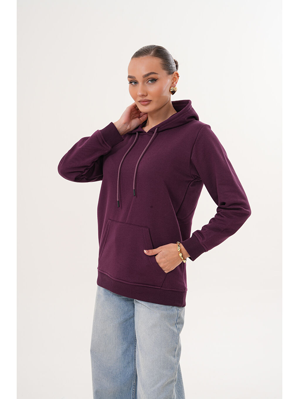 Mor Unisex %100 Pamuk Basic Premium Kapüşonlu Sweatshirt