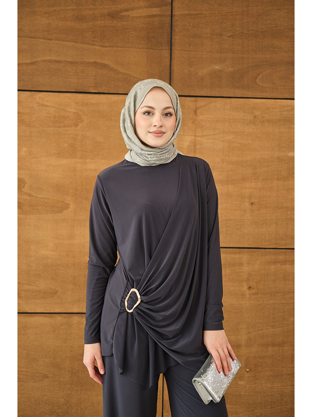 Kadın Ön Bağlamalı Süs Detay Takım Antrasit-1