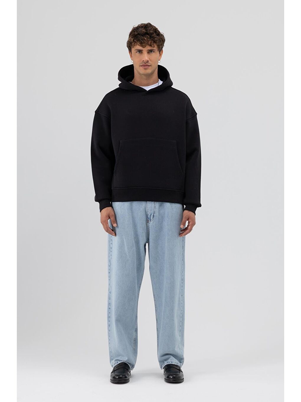 Basic Kapüşonlu Boxy Fit Sweatshirt Siyah-1
