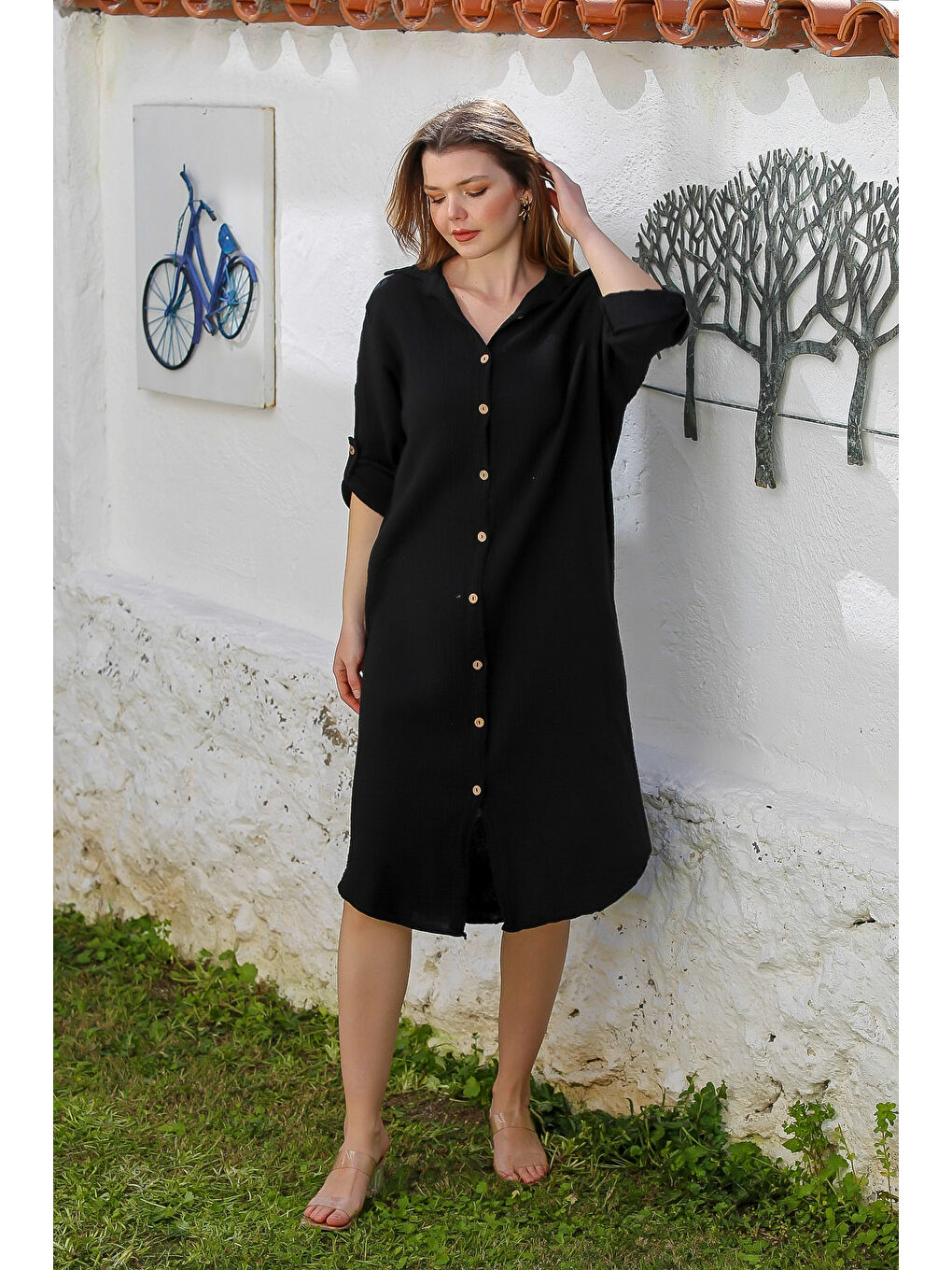 Siyah Gömlek Yaka Düğmeli Uzun Kollu Cepli Yıkamalı Casual Müslin Dokuma Elbise 118 62-4