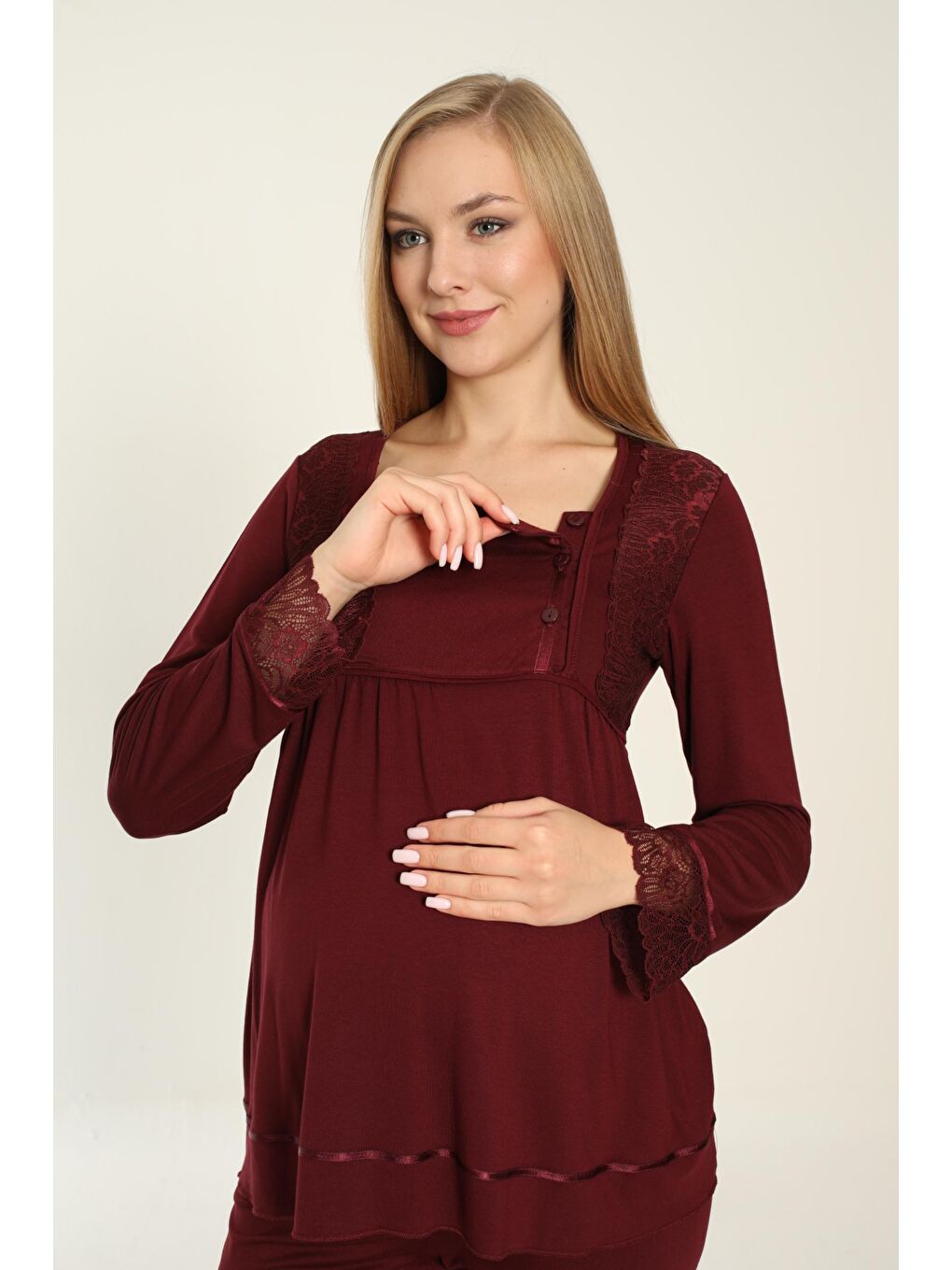 Uzun Kol Bordo Hamile ve Lohusa Pijama Takımı-3