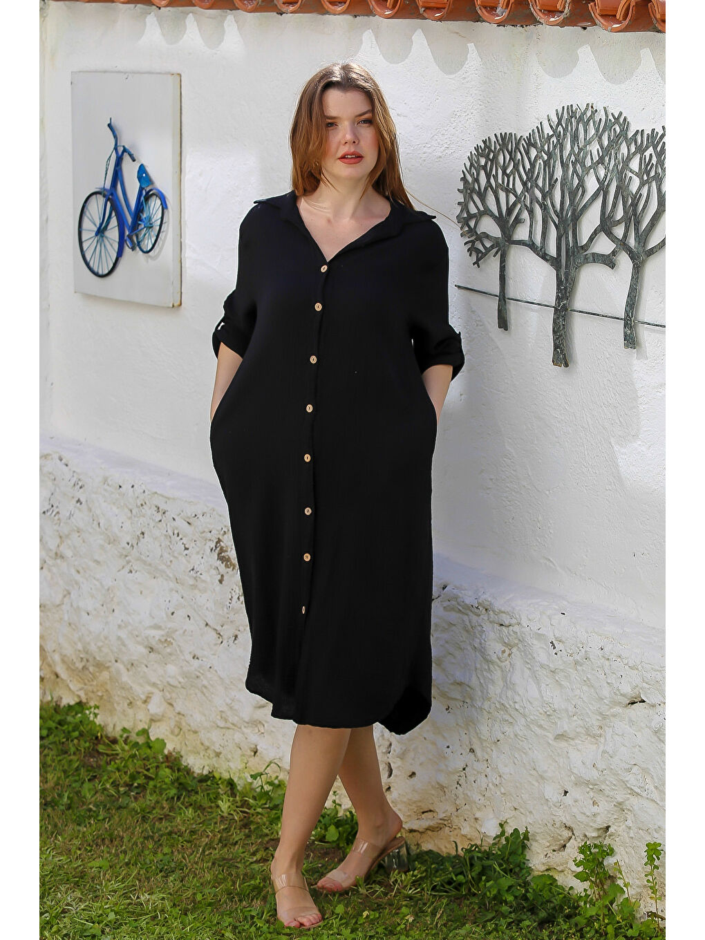 Siyah Gömlek Yaka Düğmeli Uzun Kollu Cepli Yıkamalı Casual Müslin Dokuma Elbise 118 62-5