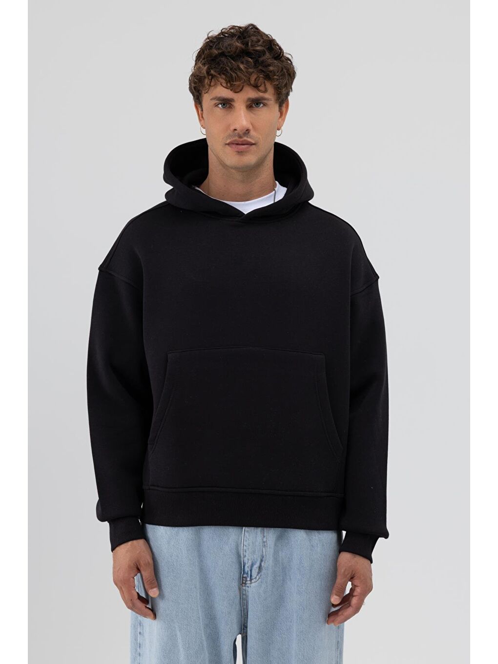 Basic Kapüşonlu Boxy Fit Sweatshirt Siyah-2