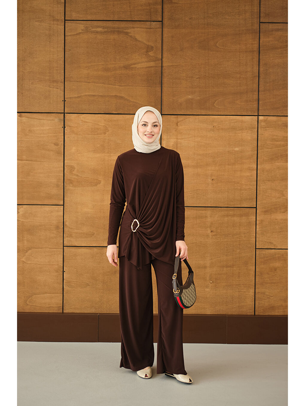 Kadın Ön Bağlamalı Süs Detay Takım Kahverengi-2