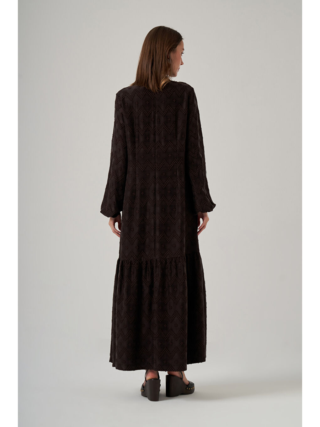 Güpür ve Jean Detay Uzun Elbise 2026 Kahverengi-4