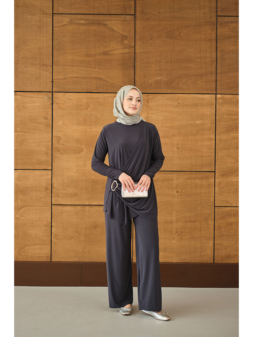 Kadın Ön Bağlamalı Süs Detay Takım Antrasit-2