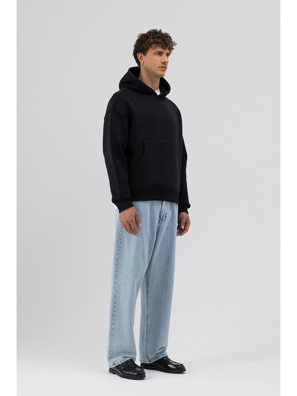 Basic Kapüşonlu Boxy Fit Sweatshirt Siyah-3