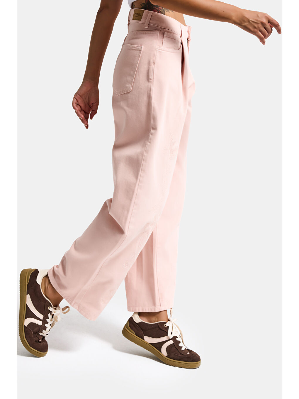 Pembe Kadın Pudra 6s6-20 Wide Leg Pleat Fit Nakış Desenli Özel Tasarım Denim Jean-2