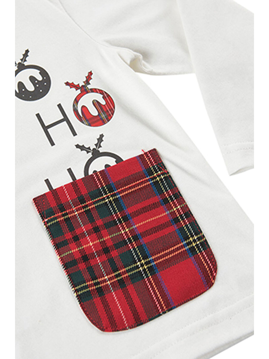 Erkek Bebek Ekose Cepli Uzun Kollu Ekru Tişört-1