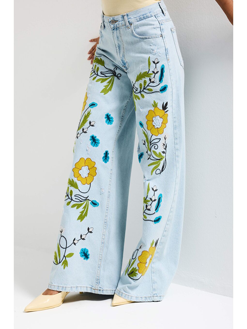 Kadın Ice 11s6-99 Palazzo Fit Özel Sarı Mavi Çiçek Desen Nakışlı Tasarım Denim Jean-2