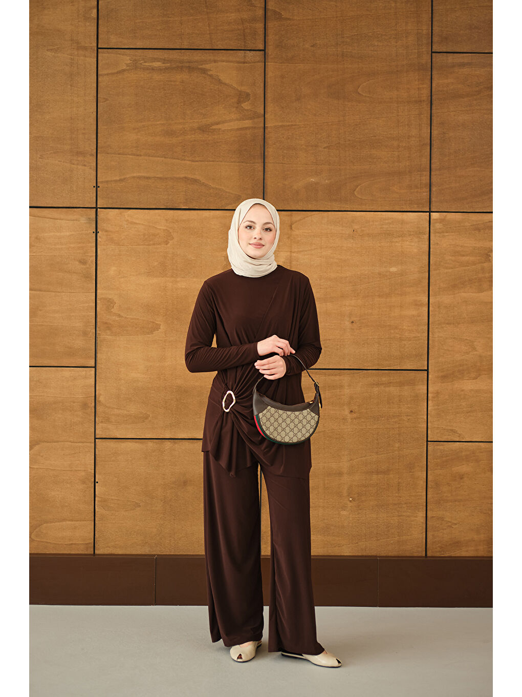 Kadın Ön Bağlamalı Süs Detay Takım Kahverengi-3