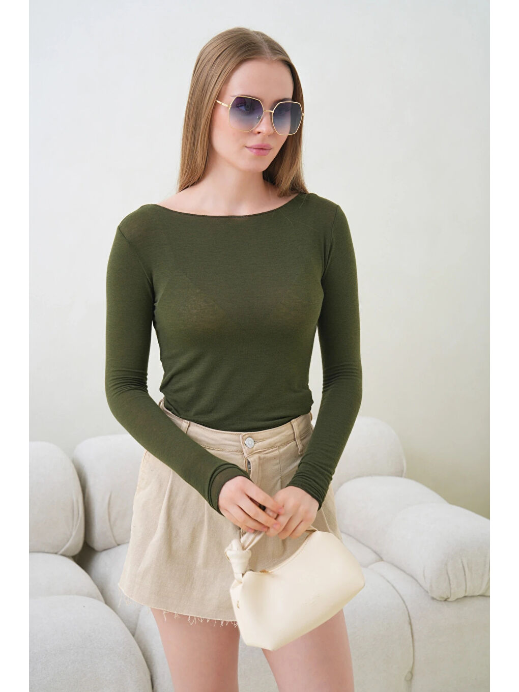 Haki Kadın Geniş Yaka Uzun Kol Elastanlı Penye Bluz