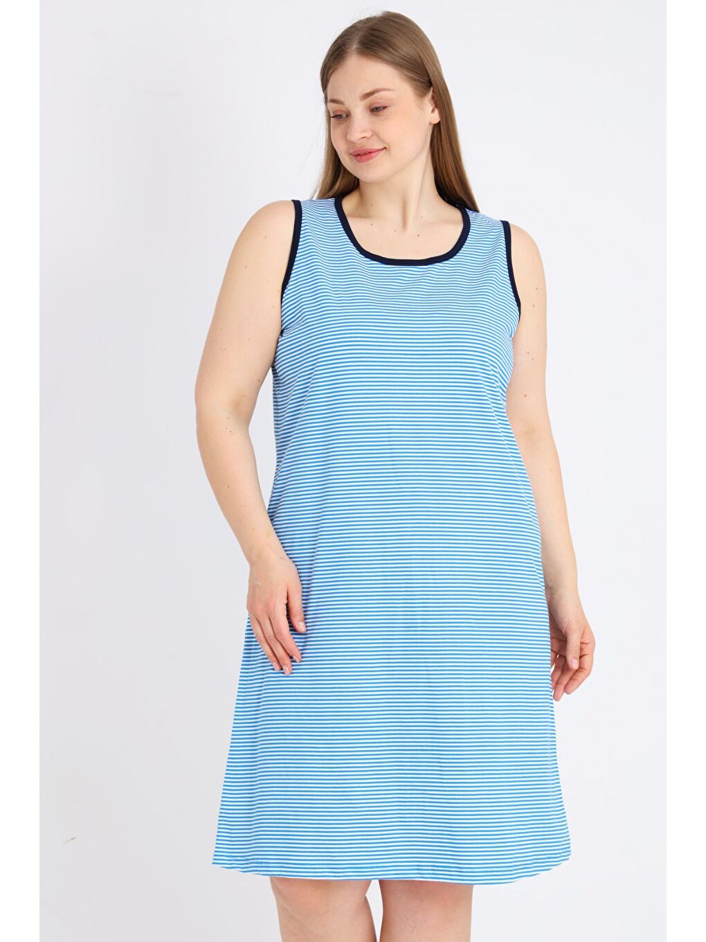 Mavi Kadın Çizgili %100 Pamuk Biye Detaylı Relaxed Elbise