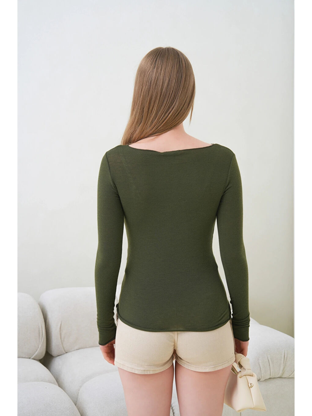 Haki Kadın Geniş Yaka Uzun Kol Elastanlı Penye Bluz-1