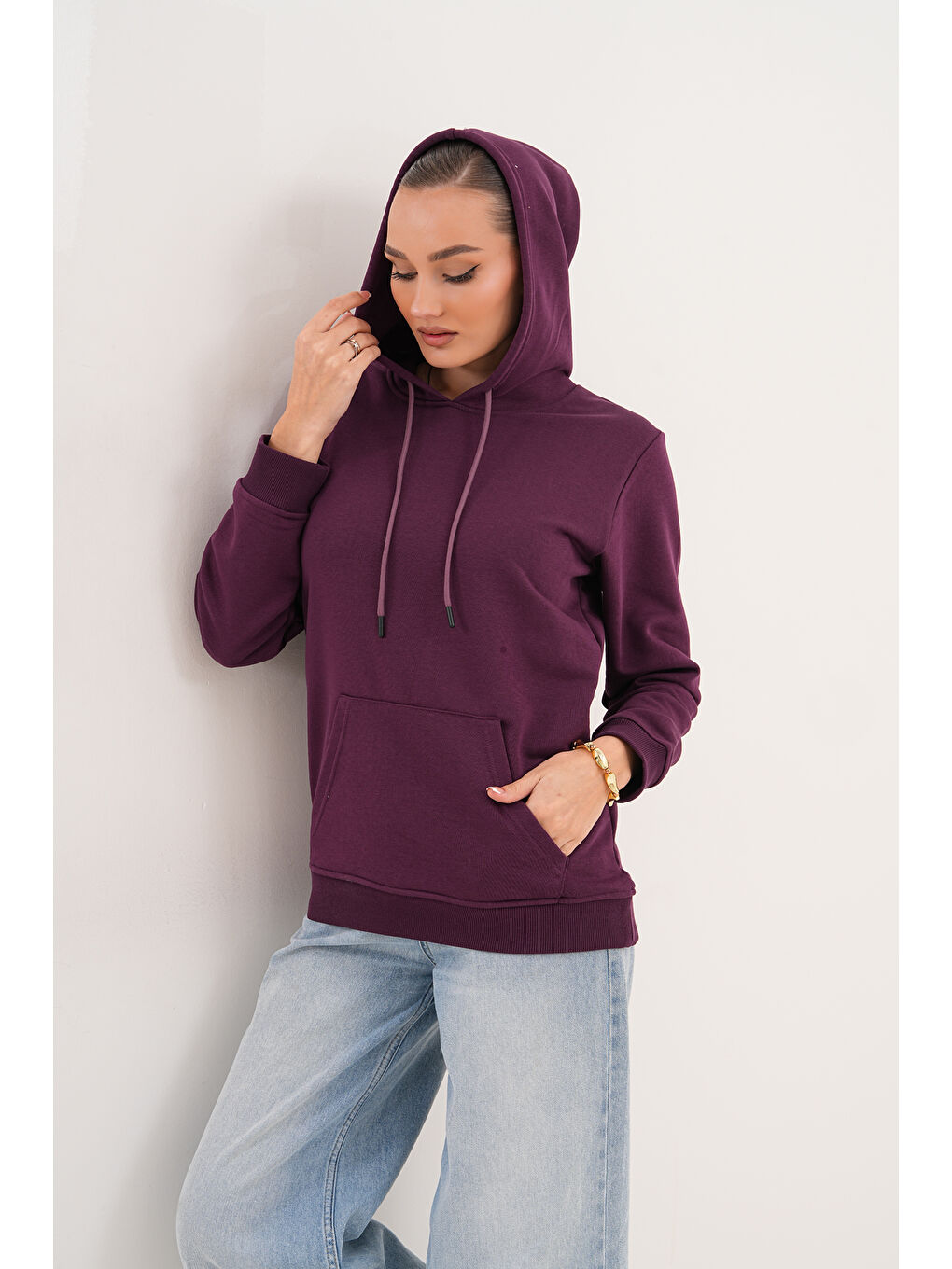 Mor Unisex %100 Pamuk Basic Premium Kapüşonlu Sweatshirt-1
