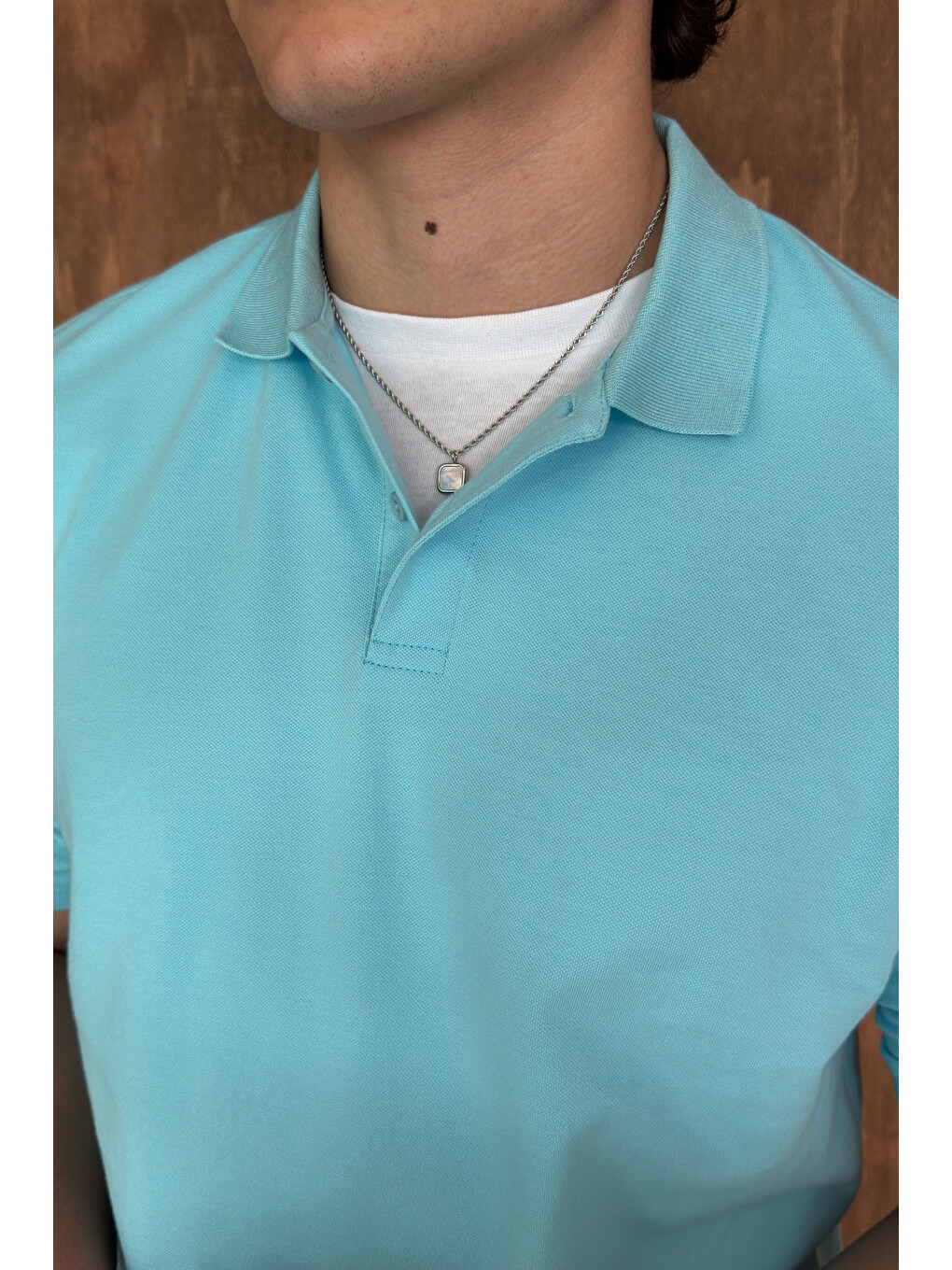Turkuaz Erkek %100 Pamuk Düğmeli Polo Yaka T-Shirt-5