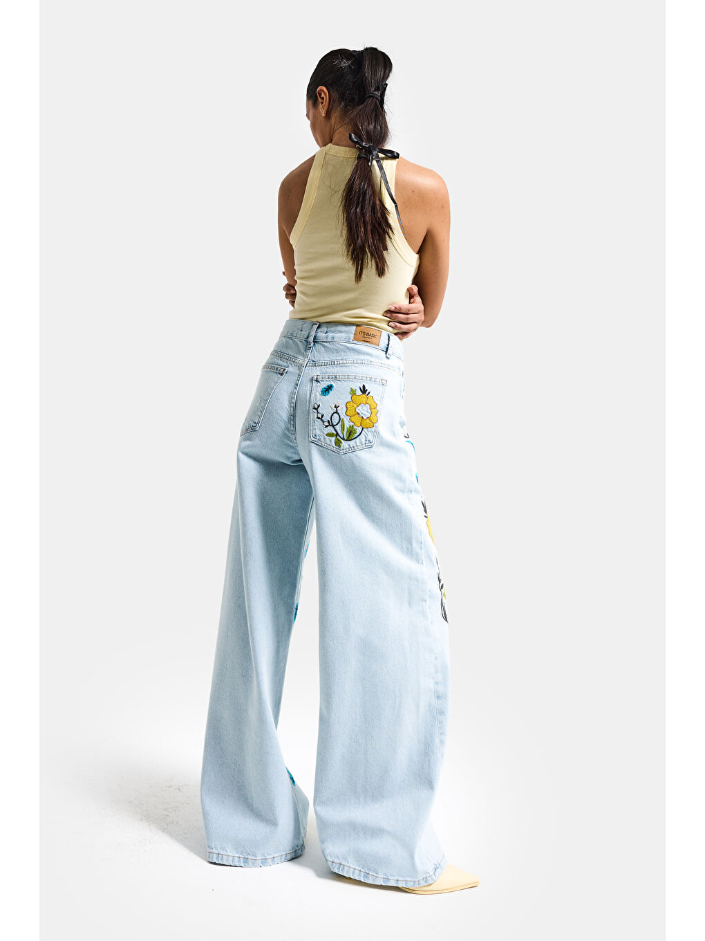 Kadın Ice 11s6-99 Palazzo Fit Özel Sarı Mavi Çiçek Desen Nakışlı Tasarım Denim Jean-3