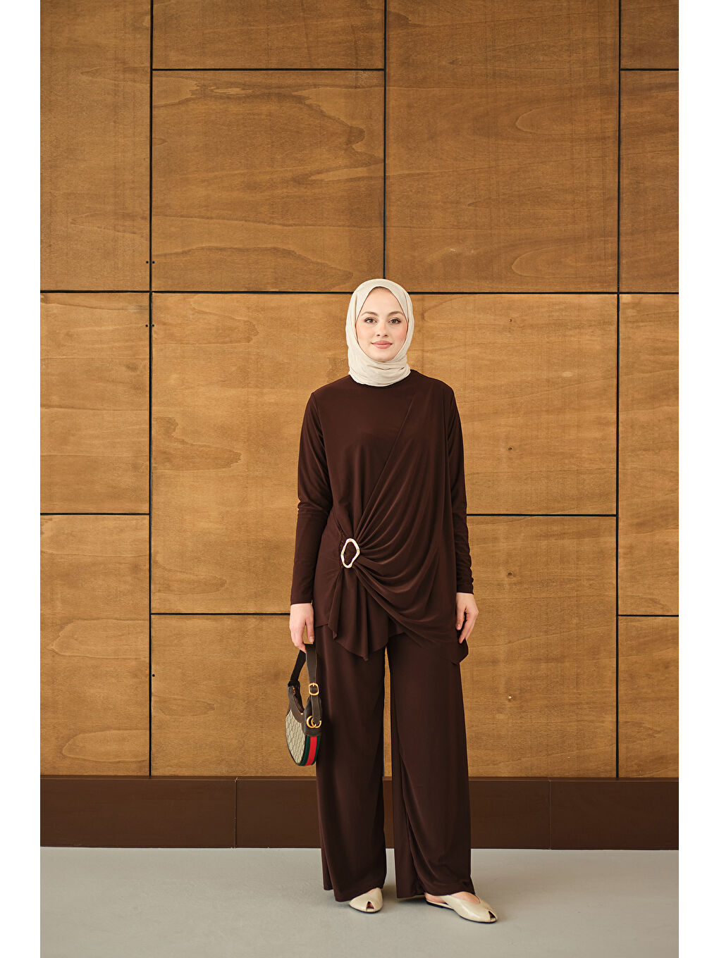 Kadın Ön Bağlamalı Süs Detay Takım Kahverengi-4