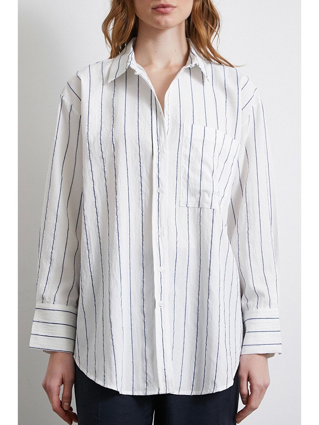 Çizgili Cepli Gömlek İndigo-1