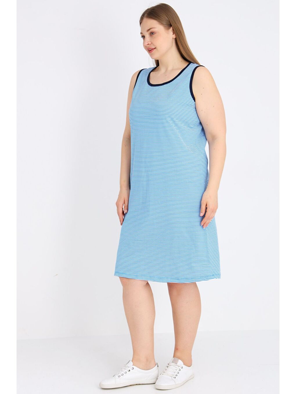 Mavi Kadın Çizgili %100 Pamuk Biye Detaylı Relaxed Elbise-1