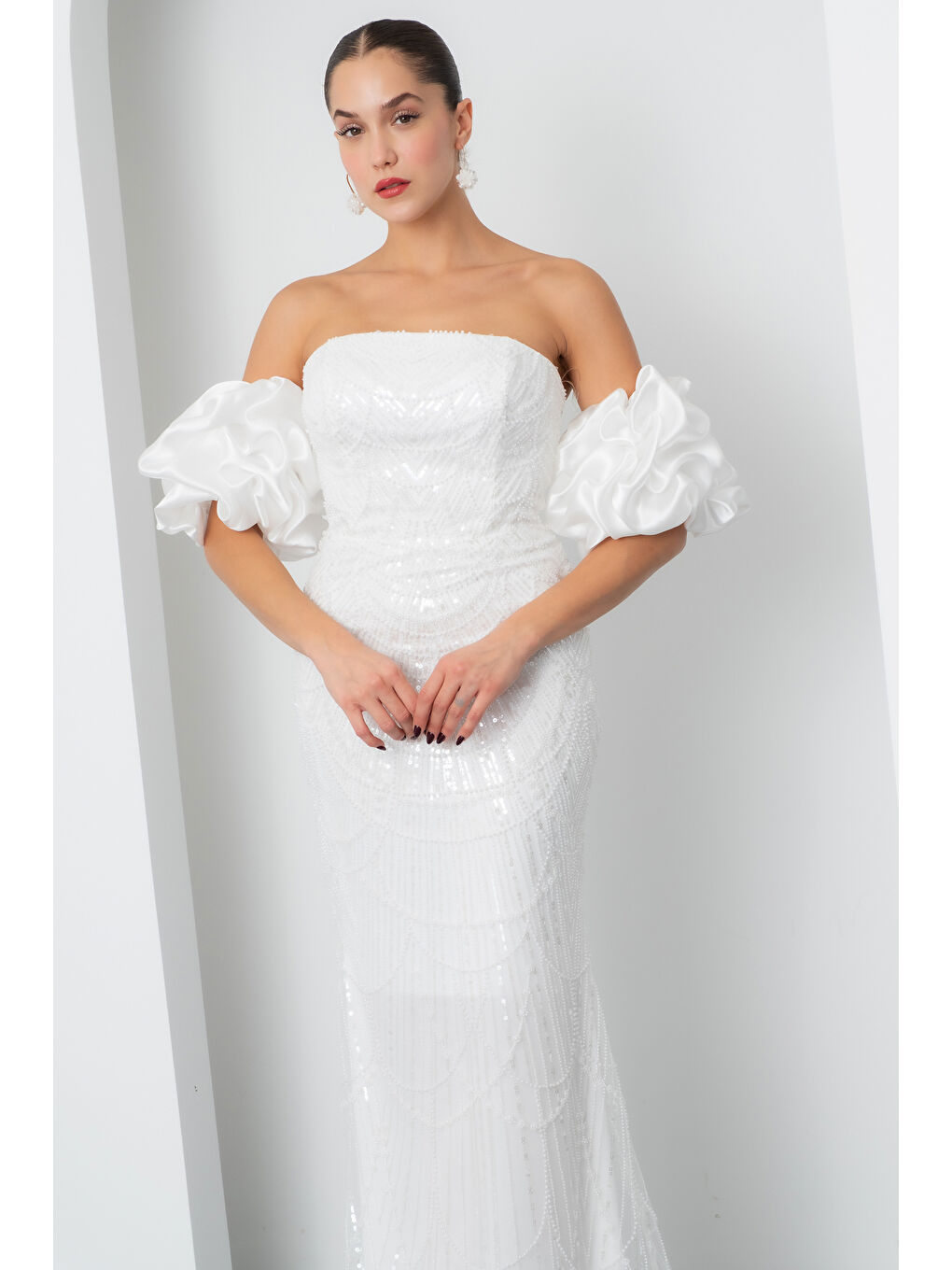 Kadın Beyaz Kol Detay Boncuklu Uzun Abiye Elbise-2