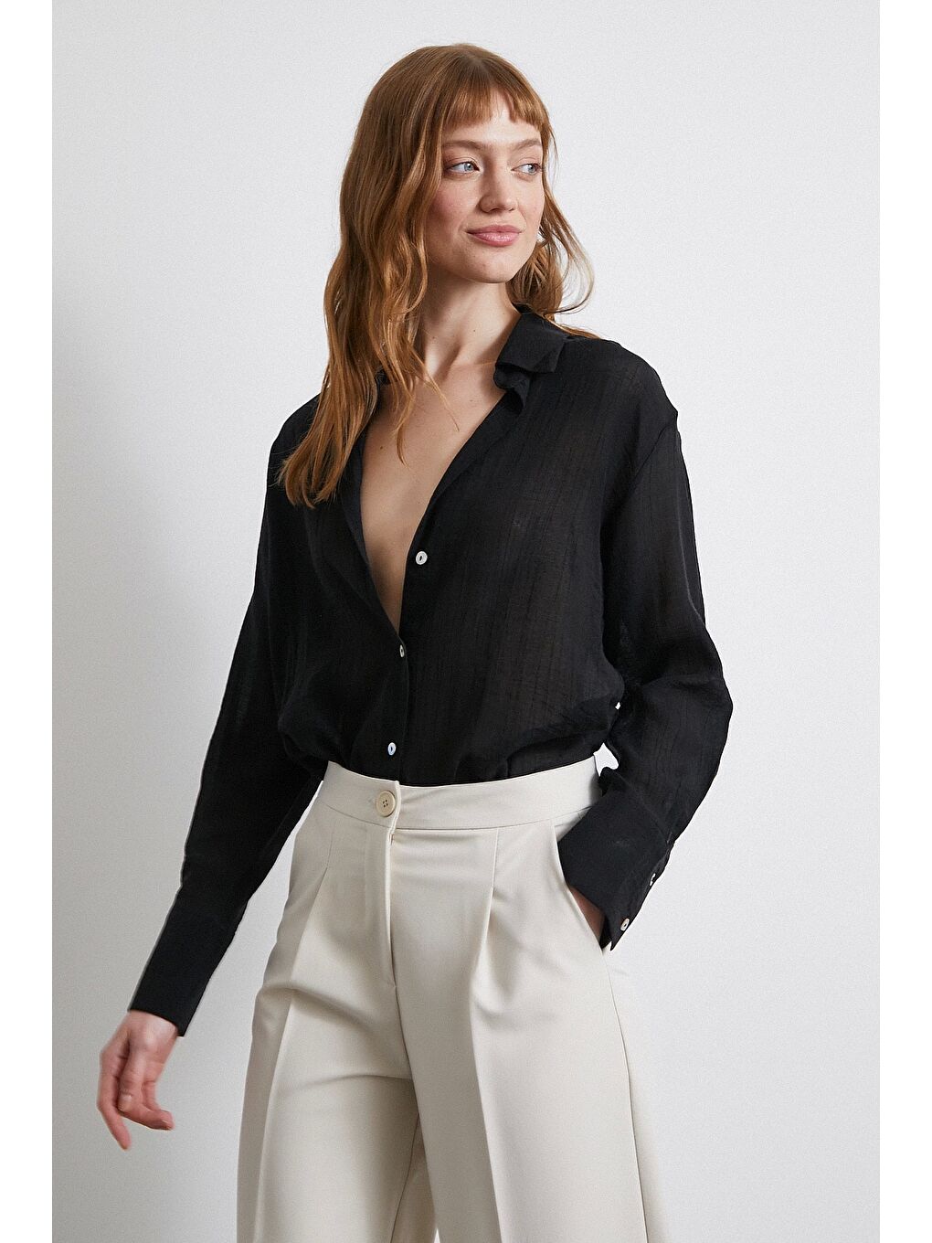 Kabartma Çizgili Saten Gömlek Siyah-4