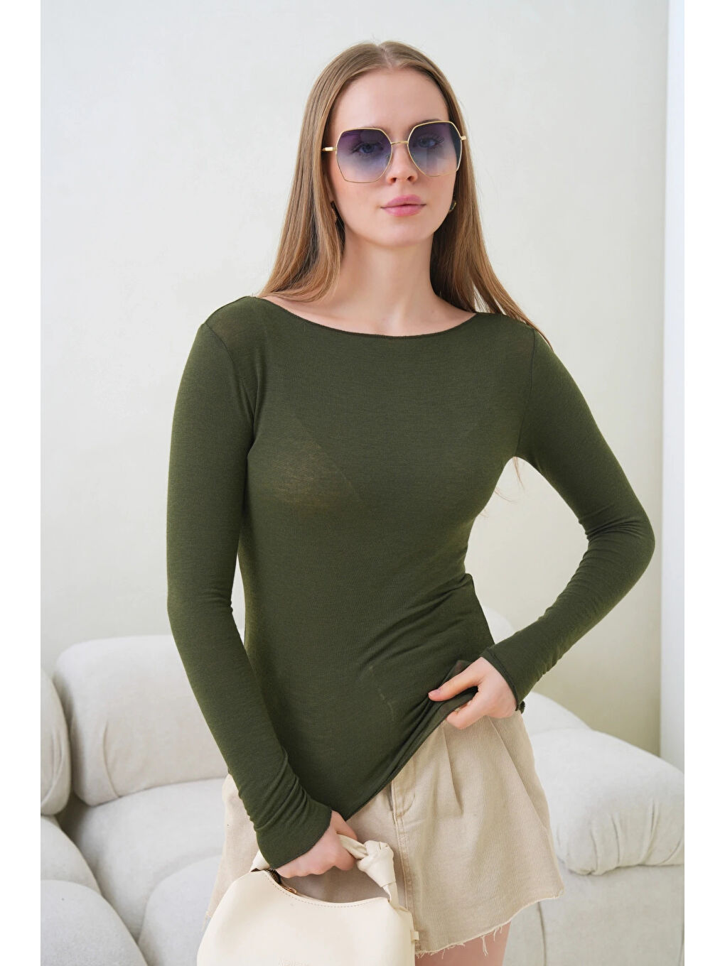 Haki Kadın Geniş Yaka Uzun Kol Elastanlı Penye Bluz-4