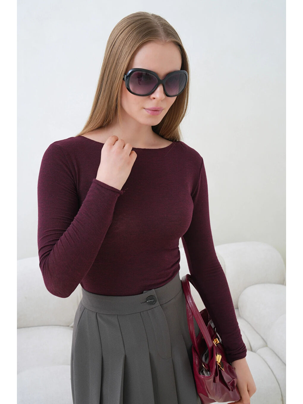 Bordo Kadın Geniş Yaka Uzun Kol Elastanlı Penye Bluz-1