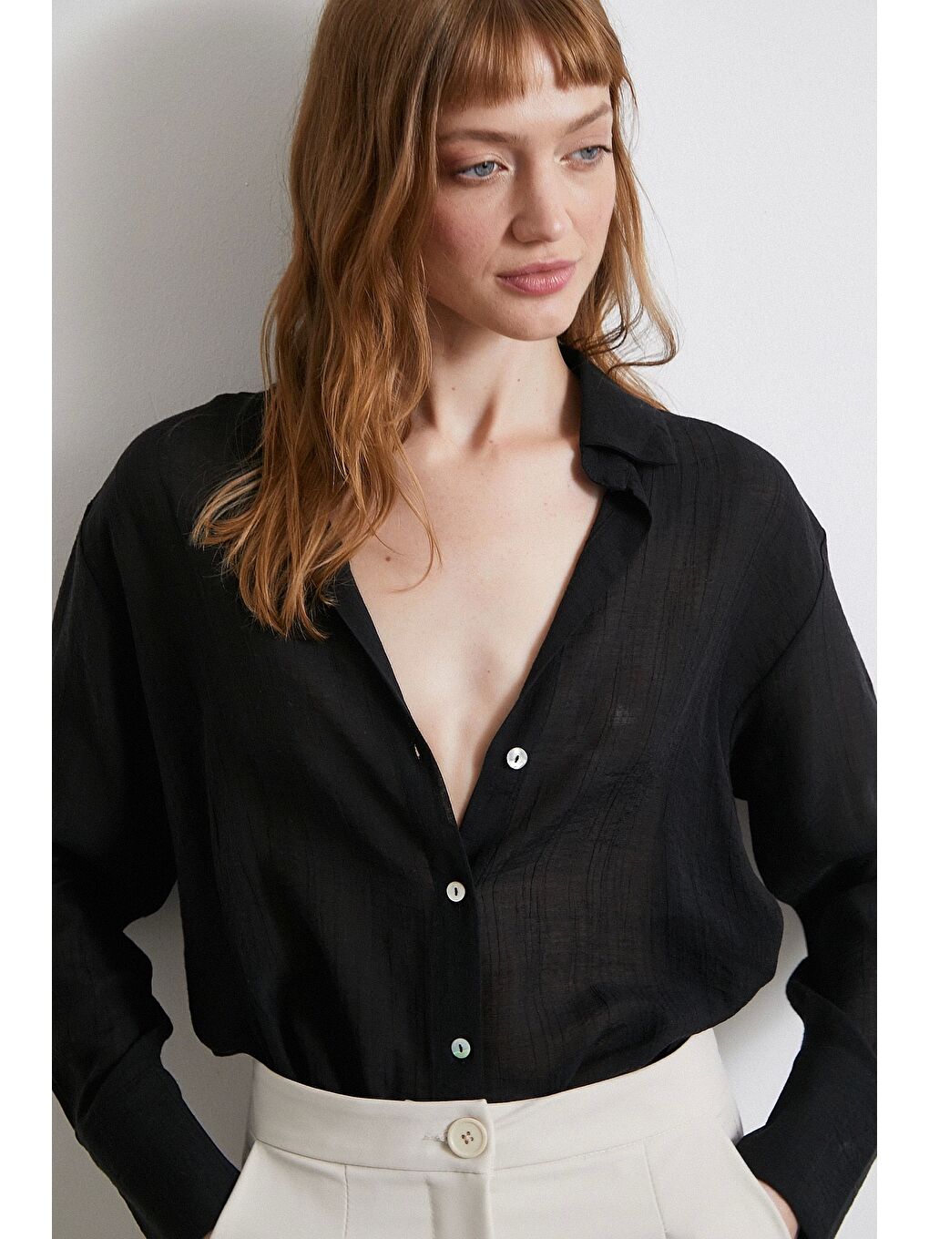 Kabartma Çizgili Saten Gömlek Siyah-5