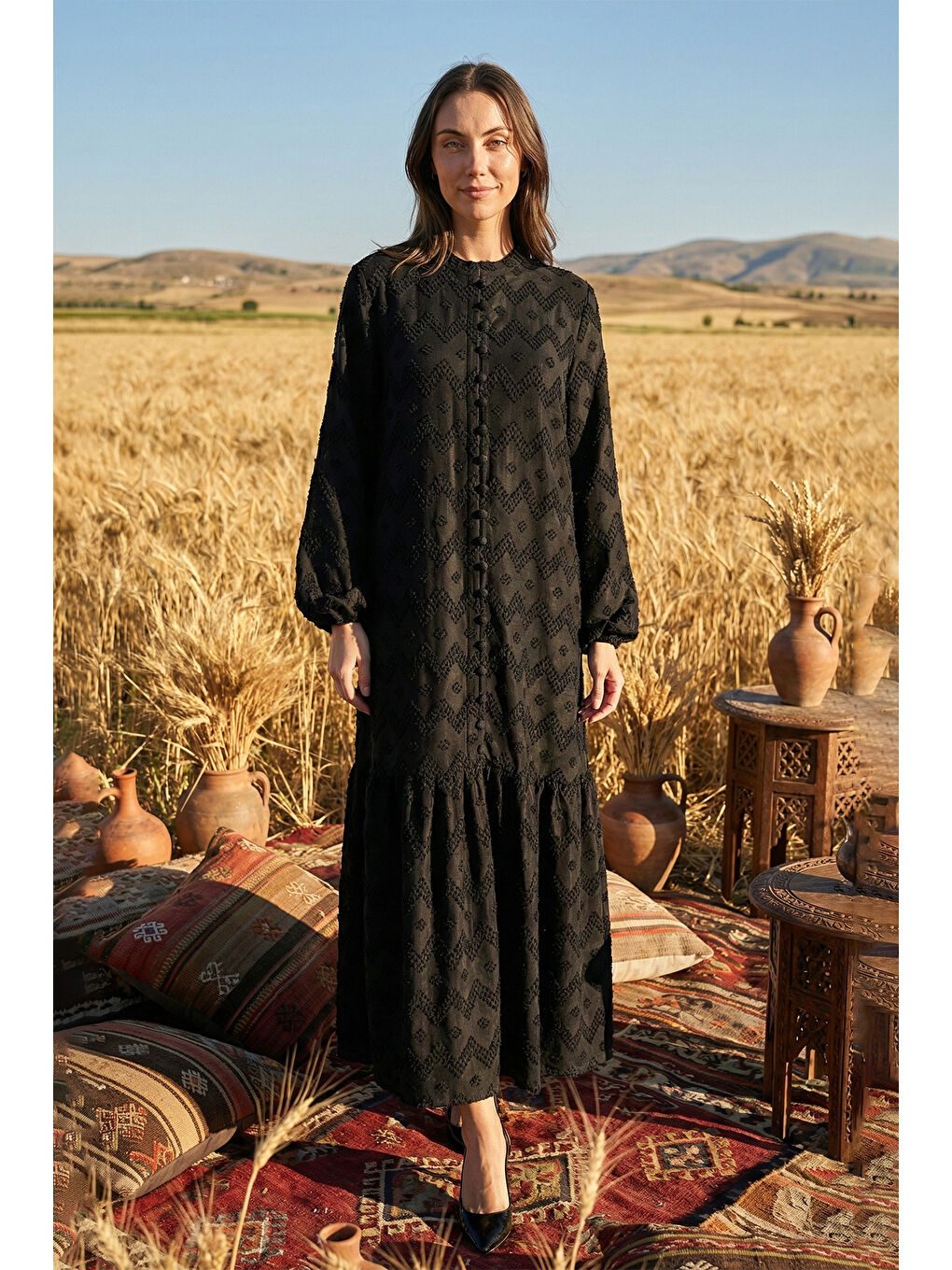 Güpür ve Jean Detay Uzun Elbise 2026 Siyah-1