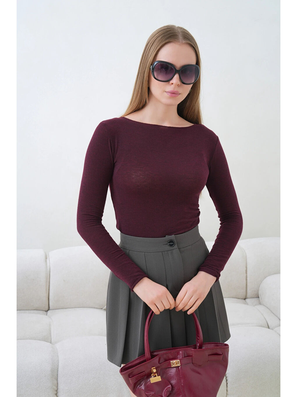 Bordo Kadın Geniş Yaka Uzun Kol Elastanlı Penye Bluz-2