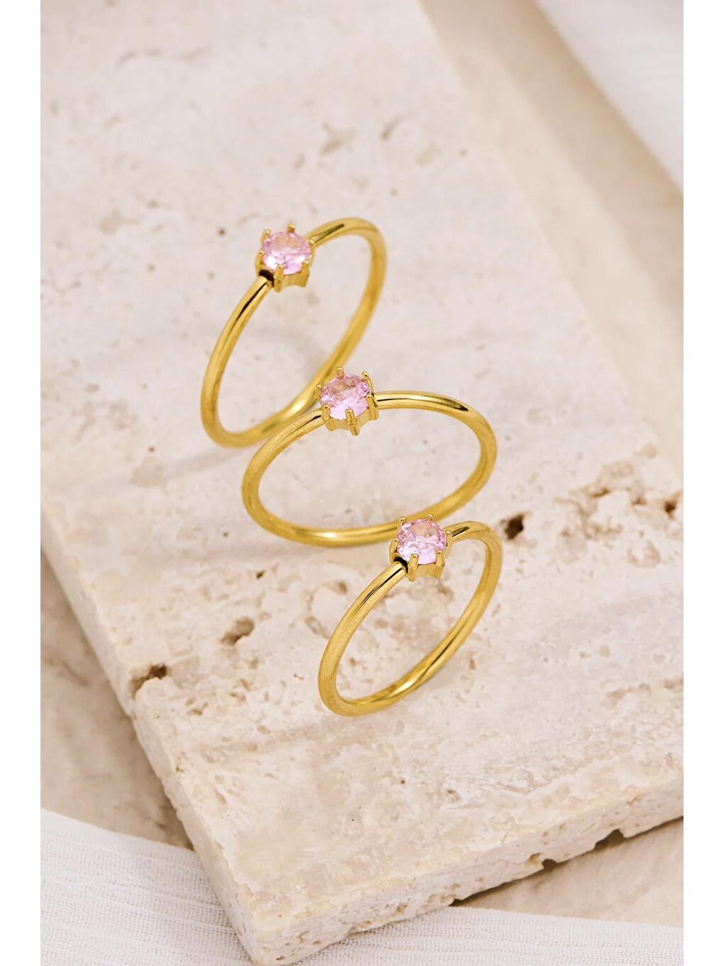 Pembe Çelik Yuvarlak Zirkon Taşlı Minimal Eklem Yüzük Seti 3 adet
