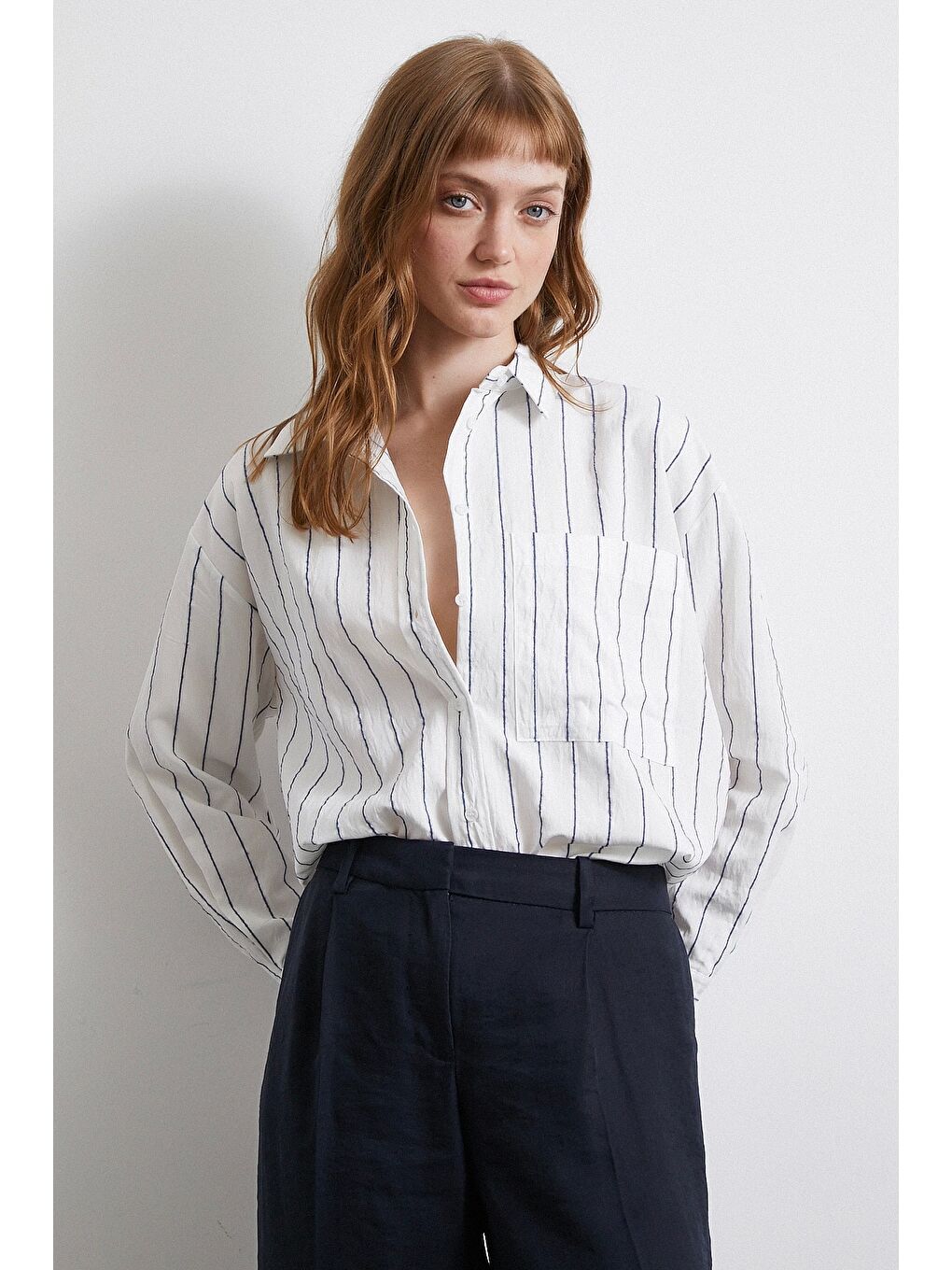 Çizgili Cepli Gömlek İndigo-4