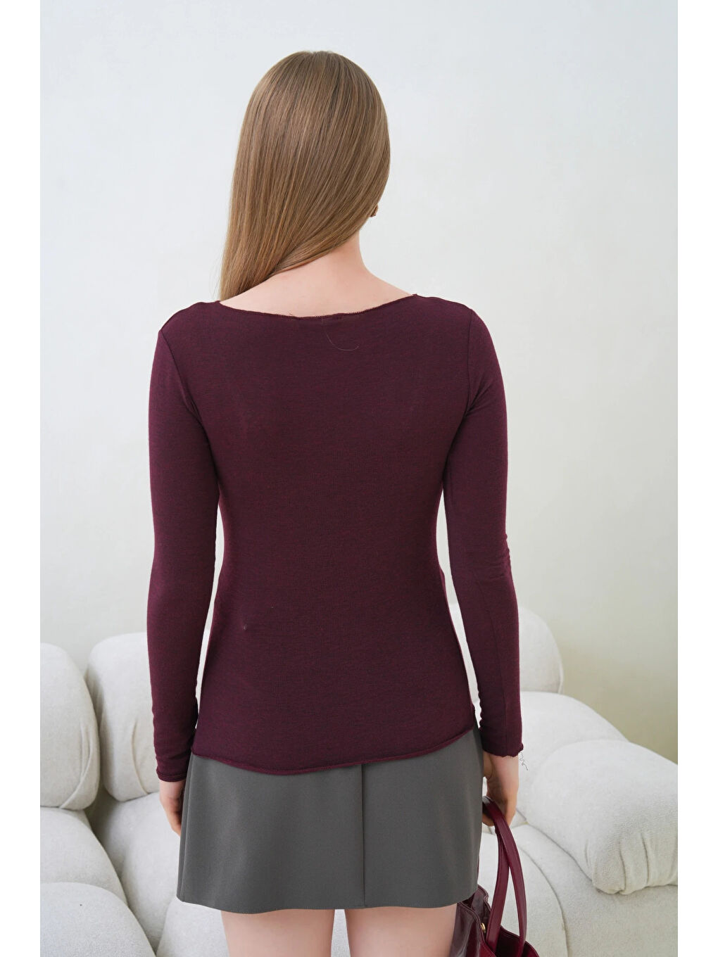 Bordo Kadın Geniş Yaka Uzun Kol Elastanlı Penye Bluz-3