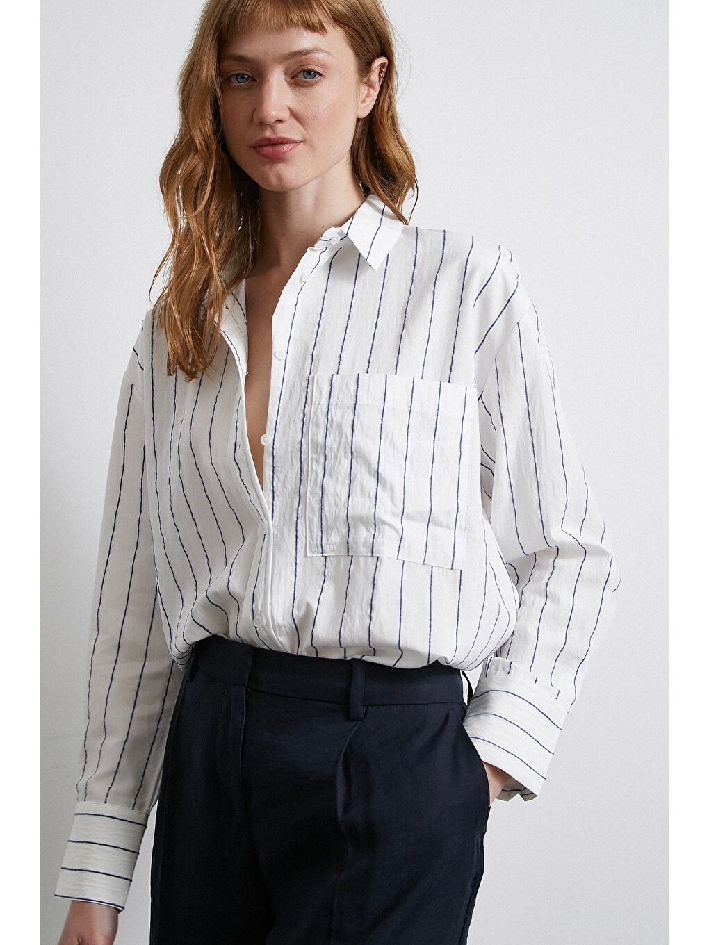 Çizgili Cepli Gömlek İndigo-5