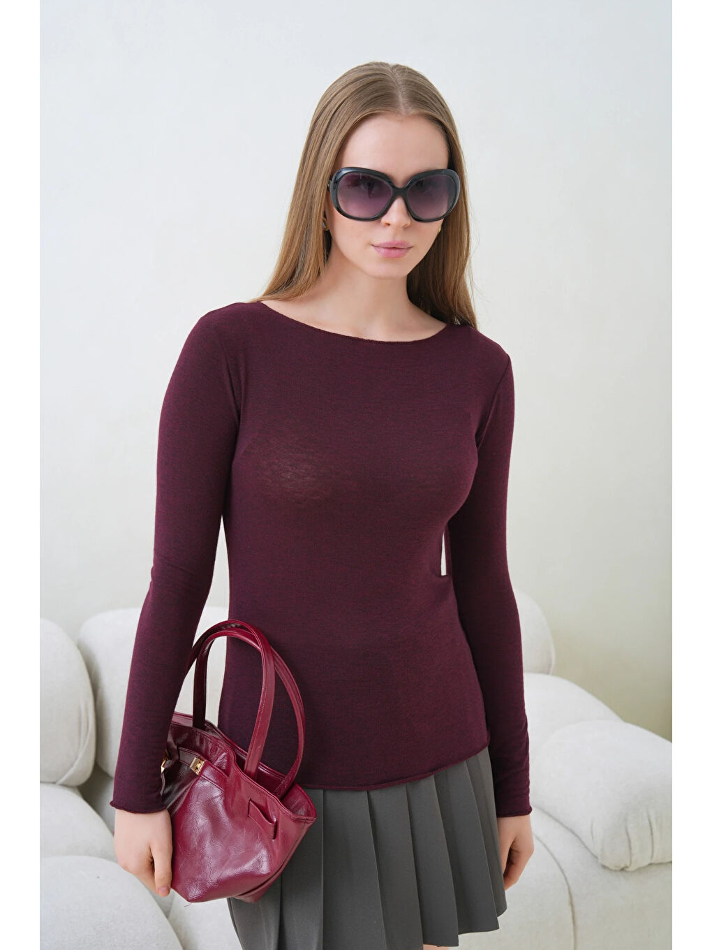 Bordo Kadın Geniş Yaka Uzun Kol Elastanlı Penye Bluz-4