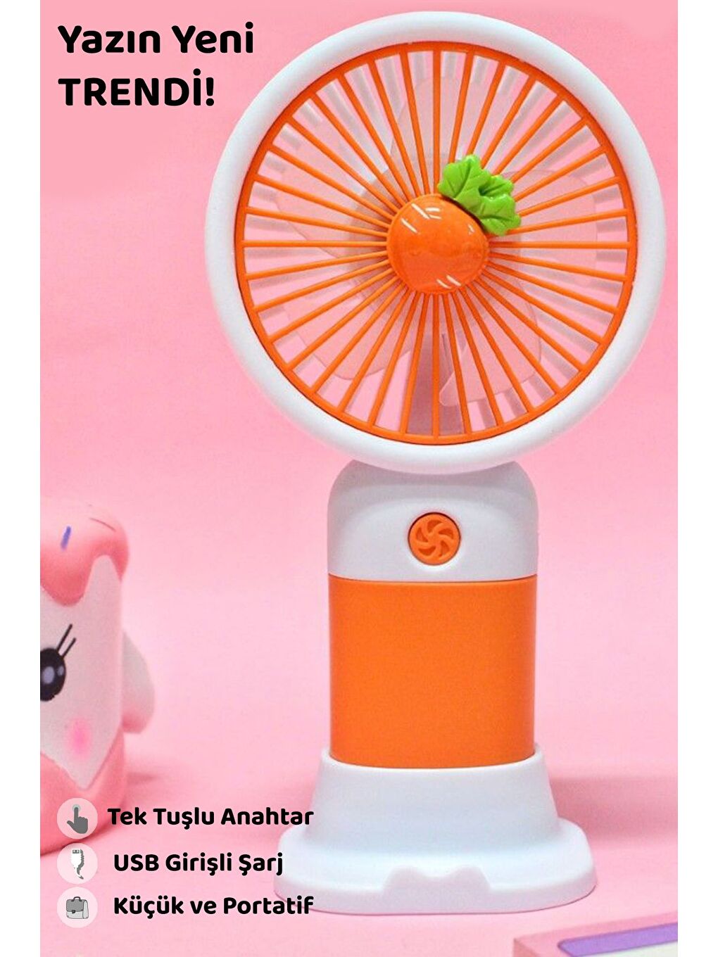 Havuç Figürlü Şarjlı El Fanı - Standlı Taşınabilir Şarj Edilebilir Soğutucu Mini Masa Fanı Turuncu-3