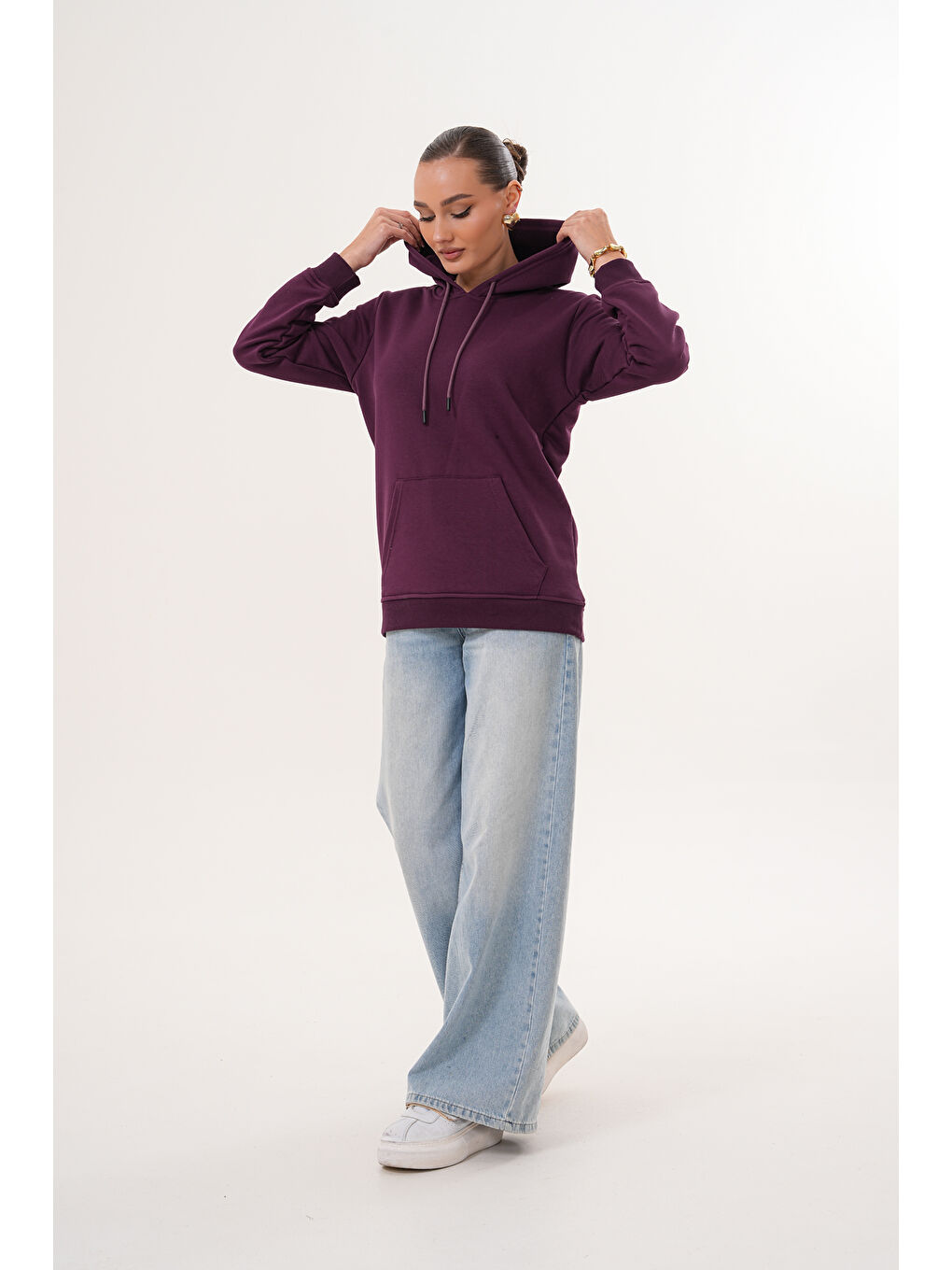 Mor Unisex %100 Pamuk Basic Premium Kapüşonlu Sweatshirt-3