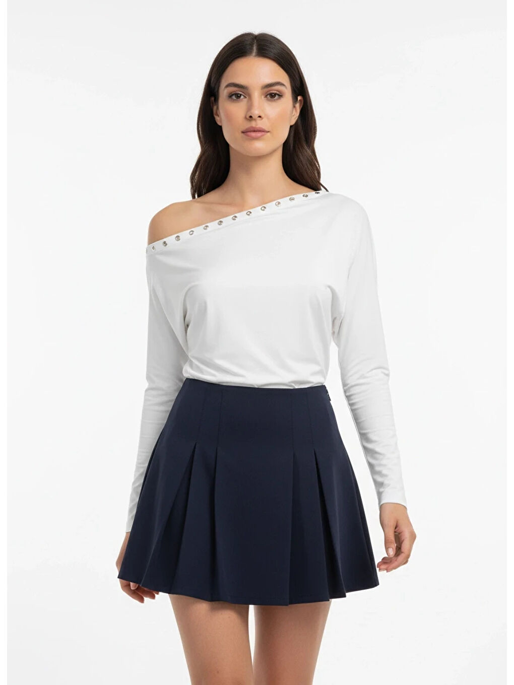 Beyaz Kadın Kayık Yaka Yarasa Kol Yakası Troklu Elastanlı Penye Bluz