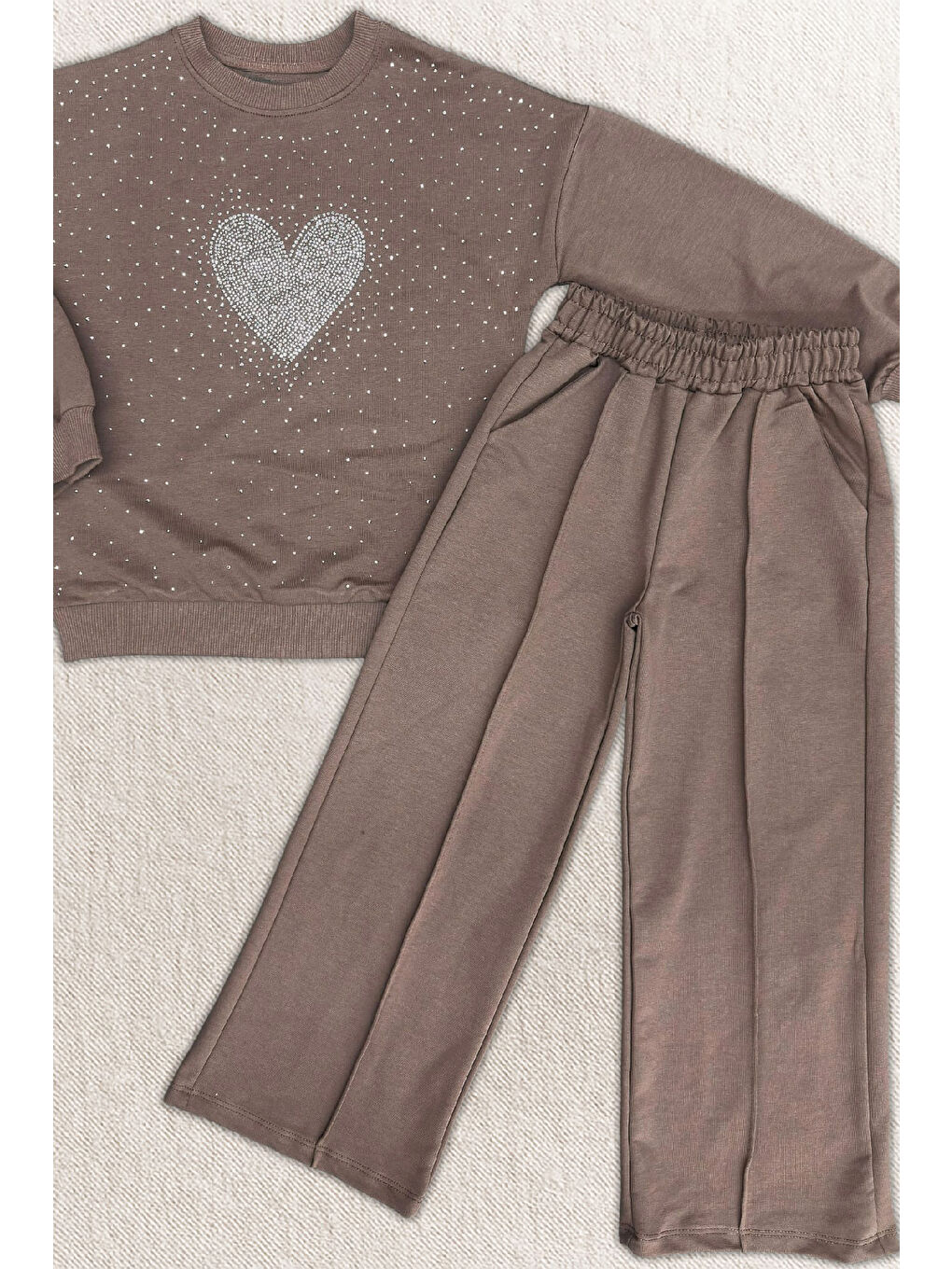 Kahverengi Kız Çocuk Taş Süslemeli Kalp Desenli 2 İplik Alt-Üst Takım 4-12 Yaş 12513-1