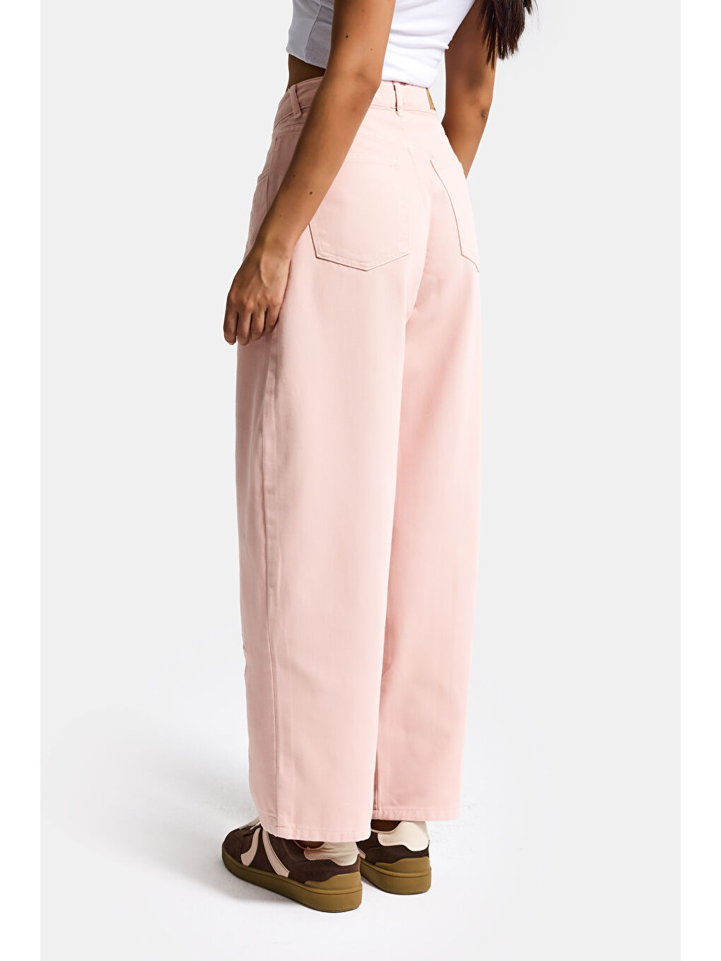 Pembe Kadın Pudra 6s6-20 Wide Leg Pleat Fit Nakış Desenli Özel Tasarım Denim Jean-4