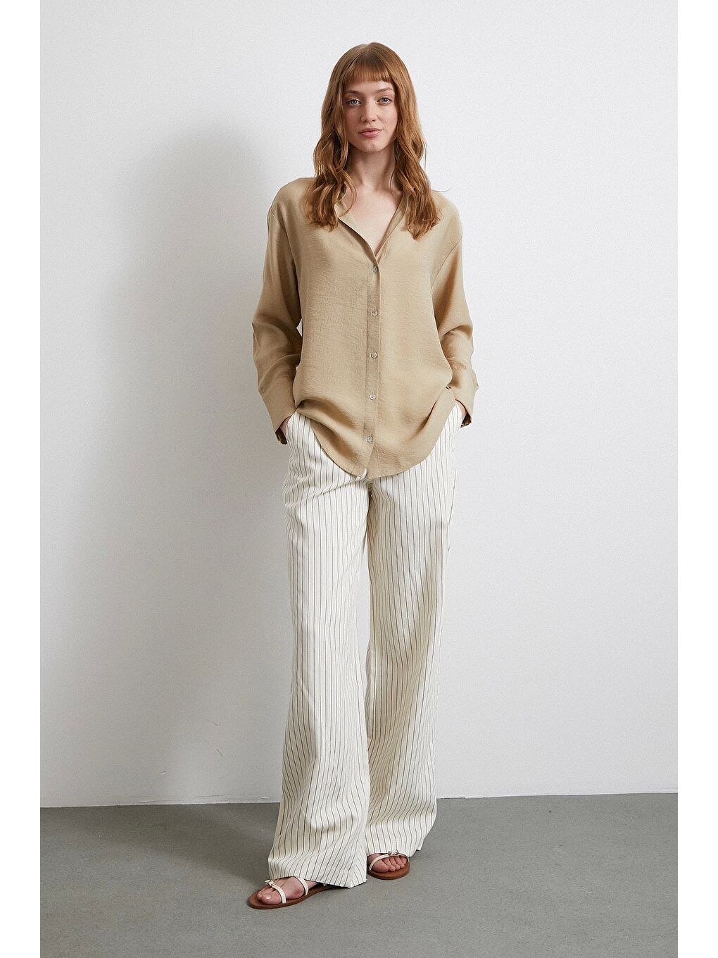 Kraşlı Saten Gömlek Bej-1