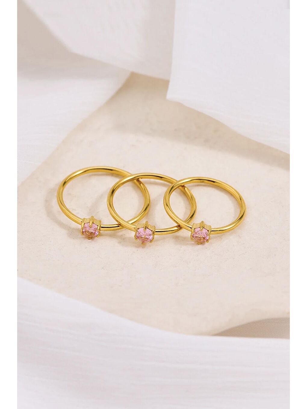 Pembe Çelik Yuvarlak Zirkon Taşlı Minimal Eklem Yüzük Seti 3 adet-1