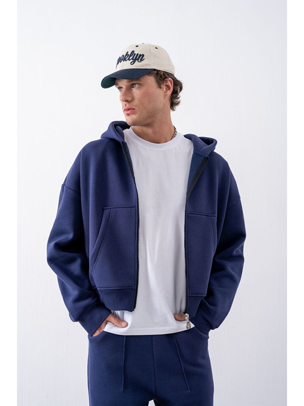 Bej Erkek Boxy Oversize Fermuarlı Chill Lacivert Sweatshirt