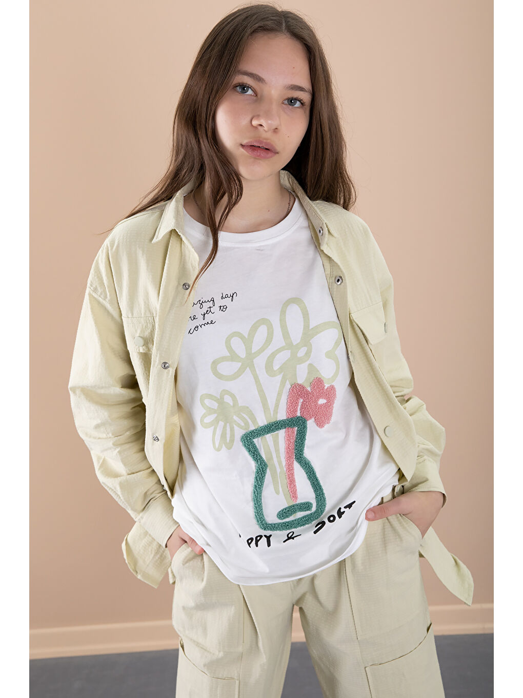 Sarı Kız Çocuk Çiçek Baskılı Gömlekli Jogger Pantolonlu 3lü Takım 20474-1