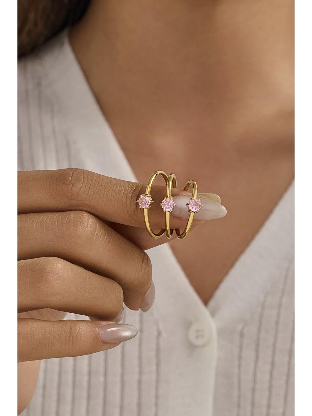 Pembe Çelik Yuvarlak Zirkon Taşlı Minimal Eklem Yüzük Seti 3 adet-2